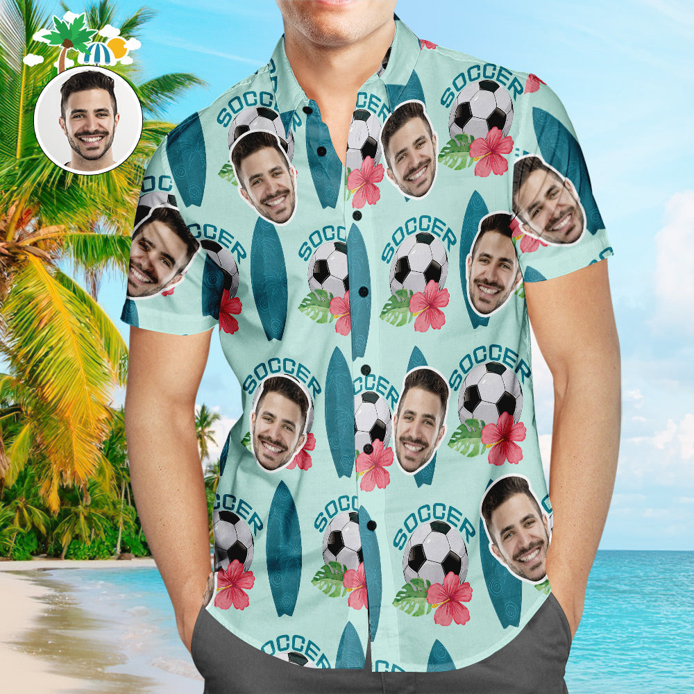 Custom Face Soccer Pattern Hawaiian Shirt Surfing Summer Hibiscus Beach Shirt for Soccer Lovers Surfing Hawaiian Style