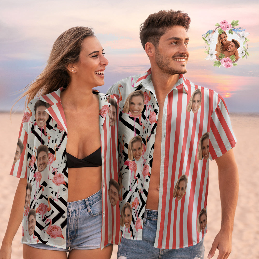 Custom Face Hawaiian Shirts Personalized Flamingo Shirts Casual Short Sleeve Valentine's Day Gift for Couple