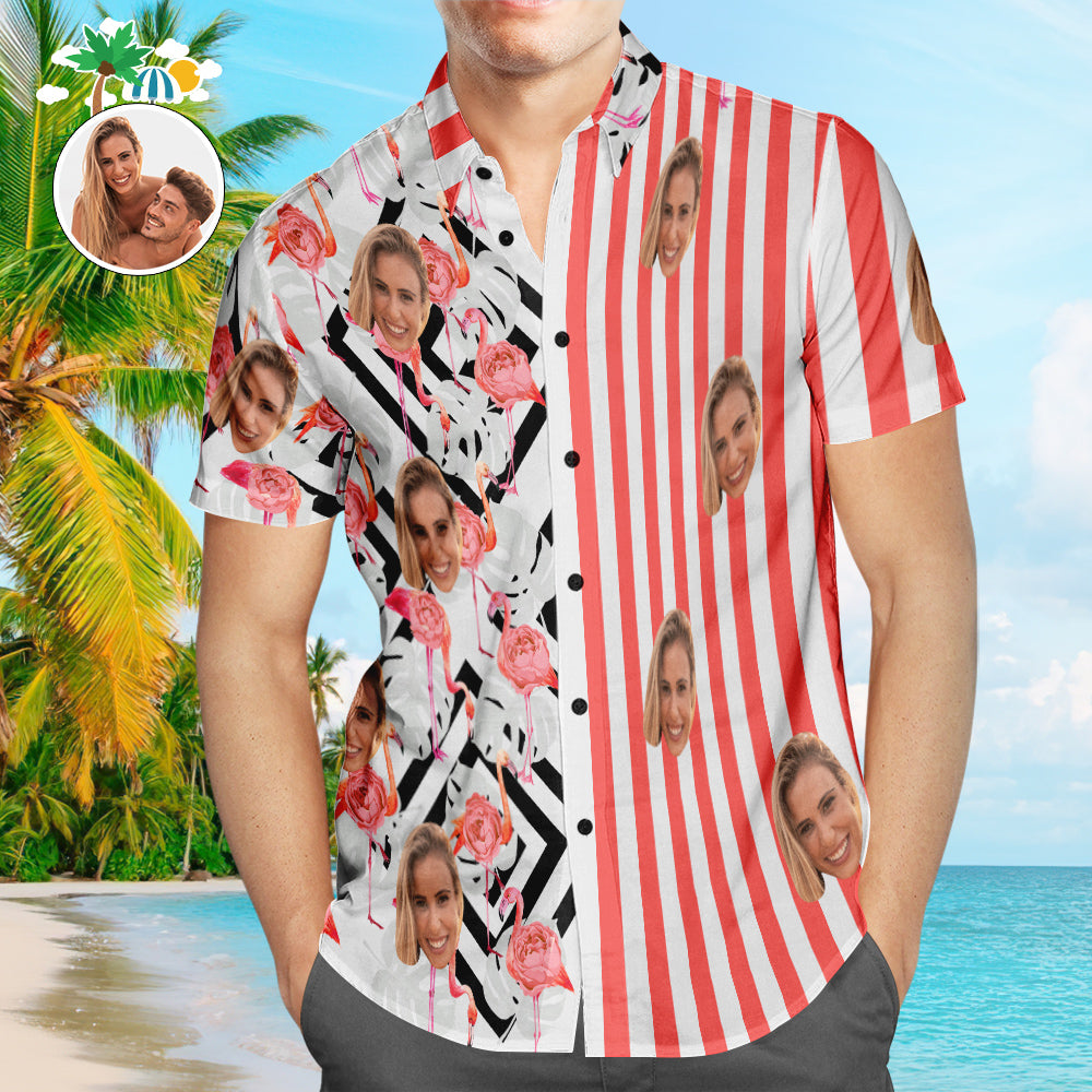 Custom Face Hawaiian Shirts Personalized Flamingo Shirts Casual Short Sleeve Valentine's Day Gift for Couple