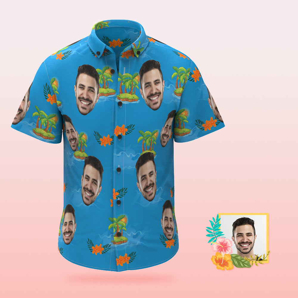 Custom Photo Hawaiian Shirt Beach Vacation Men's Popular All Over Print Hawaiian Beach Shirt Holiday Gift Blue - MyHawaiianShirts