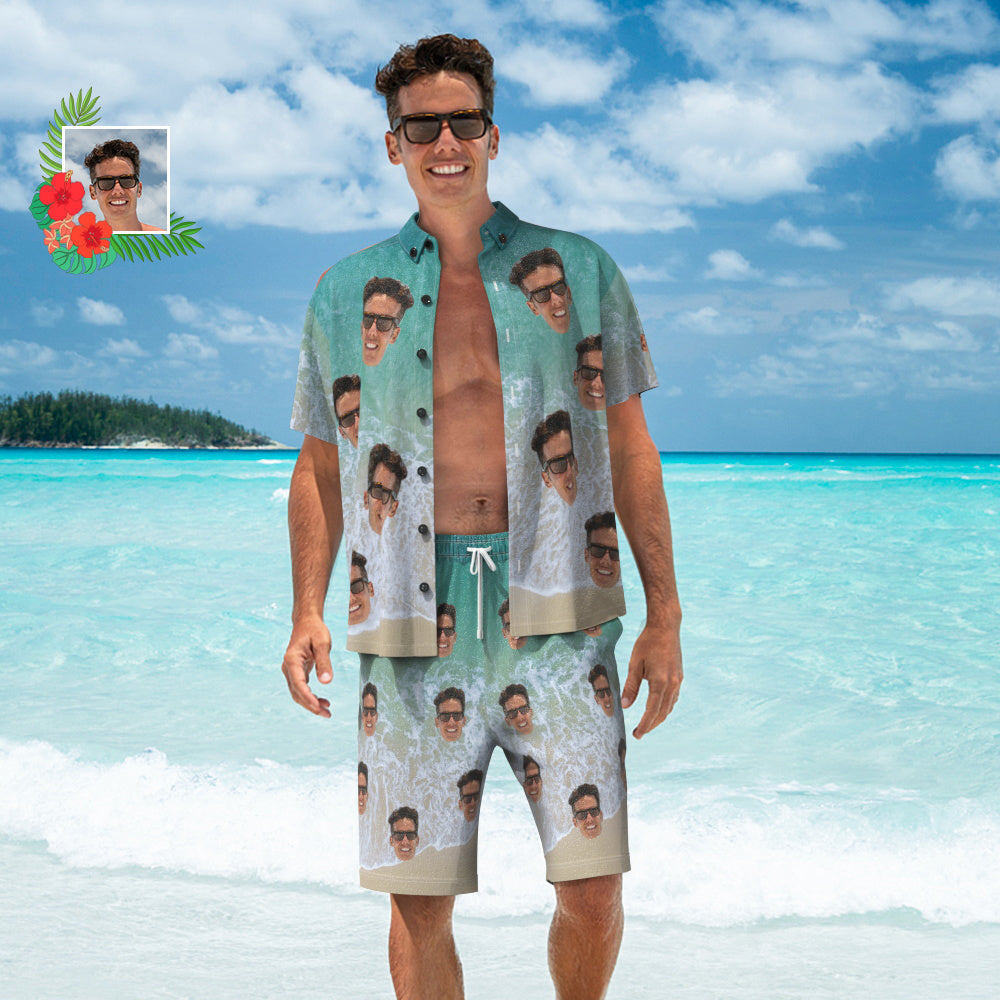 Custom Face Hawaiian Shirt And Beach Shorts Set Personalized Men's Photo Wave Print Set Vacation Party Gift - MyHawaiianShirts
