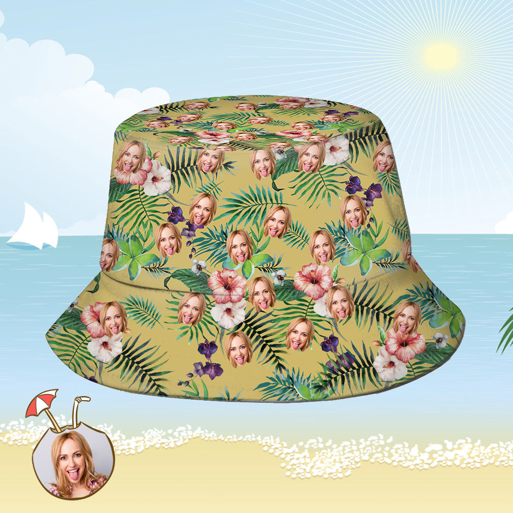 Custom Bucket Hat Personalized Face All Over Print Tropical Flower Print Hawaiian Fisherman Hat - Yellow-MyHawaiianShirts