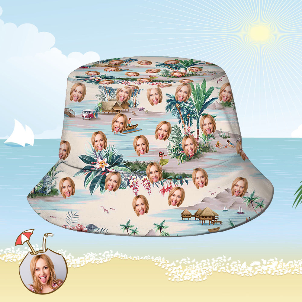 Custom Bucket Hat Personalized Face All Over Print Tropical Flower Print Hawaiian Fisherman Hat - Sea View-MyHawaiianShirts