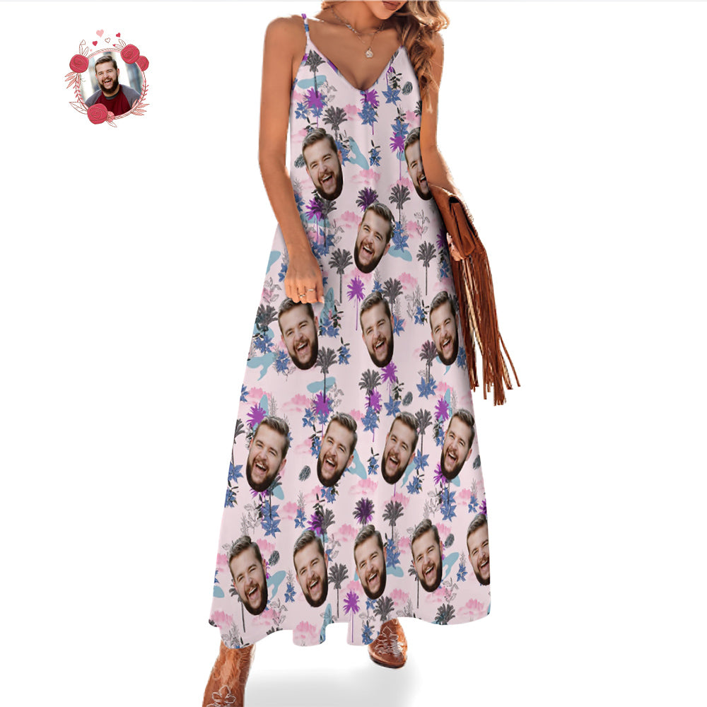 Custom Face Hawaiian Style All Over Print Clouds And Trees Long Dress And Shirt Couple Outfit   Surfing Hawaiian Style Surfing Hawaiian Style