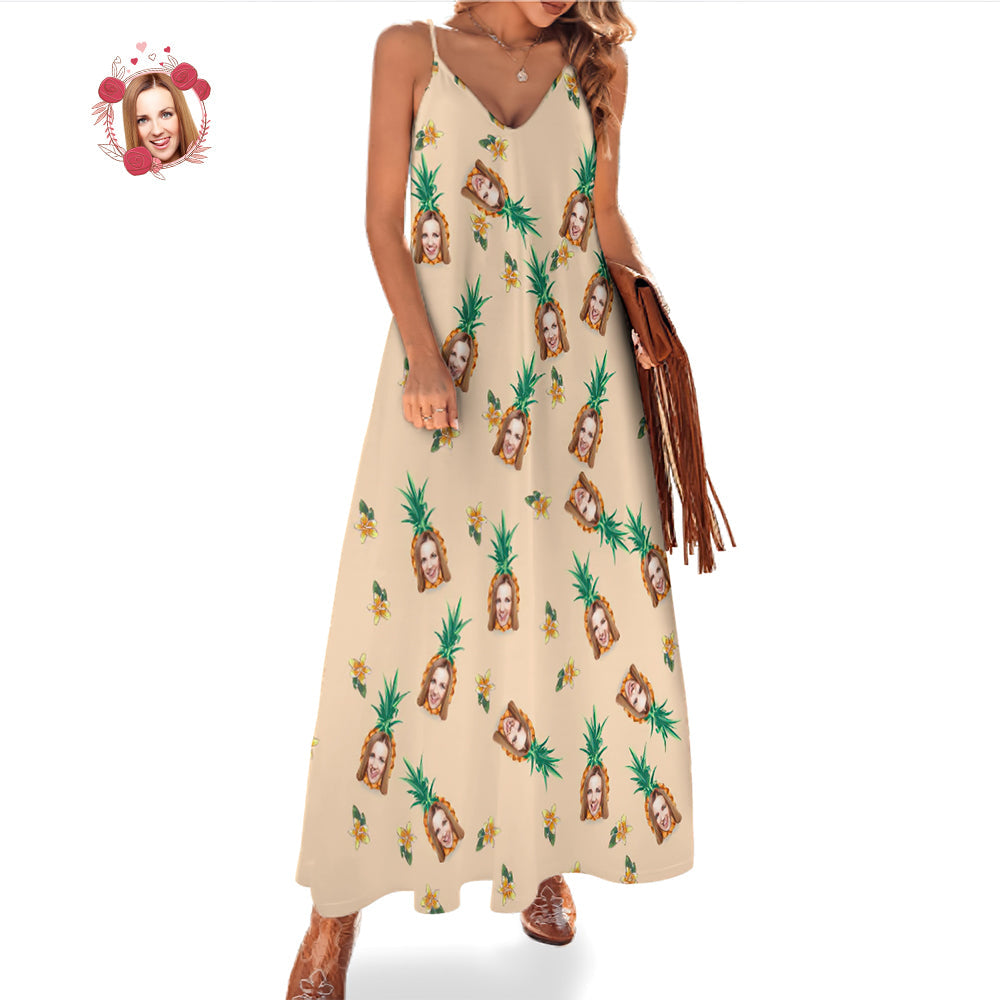 Custom Face Hawaiian Style Pineapple Pattern Tropical Floral Long Dress And Shirt Couple Outfit   Surfing Hawaiian Style Surfing Hawaiian Style