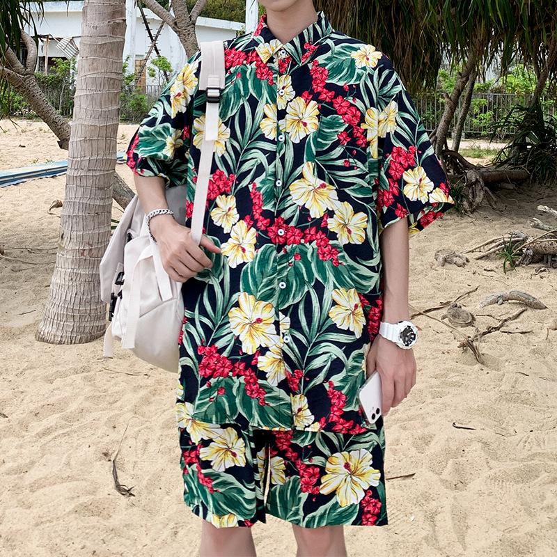 Hawaiian Shirts Print Leaves and Flowers On Black Background Aloha Beach Shirts For Men-MyHawaiianShirts