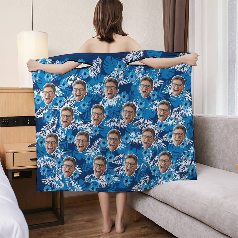 Custom Bath Towel Fashion Bath Dress Home Bath Robes Soft And Absorbent Bathrobe Blue Leaves-MyHawaiianShirts
