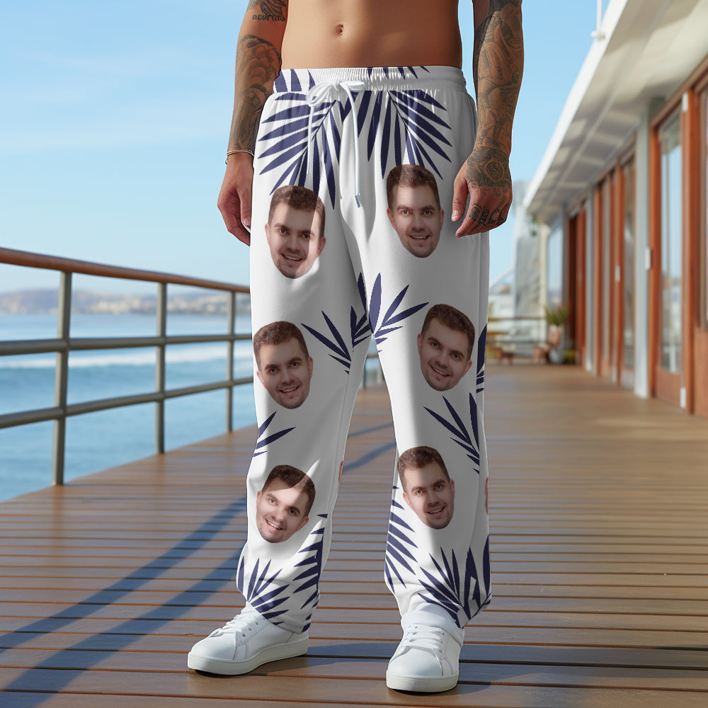 Custom Face Sweatpants Palm Leaf Print Multicolor Personalized Casual Golf Pants for Him - MyHawaiianShirts