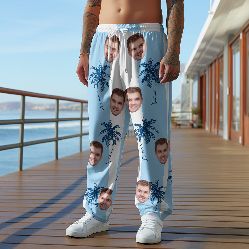 Custom Face Sweatpants Hawaiian Blue Patchwork Coconut Tree Print - MyHawaiianShirts
