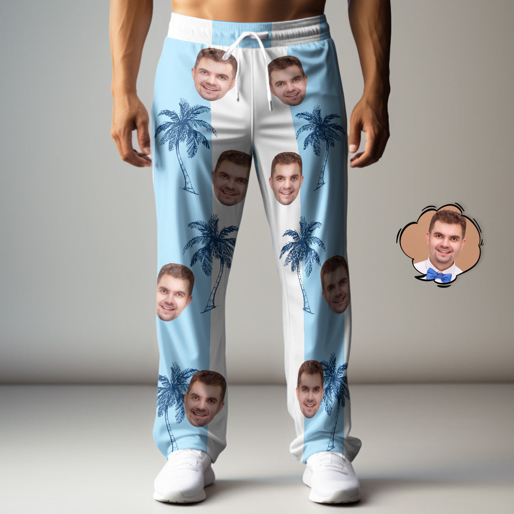 Custom Face Sweatpants Hawaiian Blue Patchwork Coconut Tree Print - MyHawaiianShirts