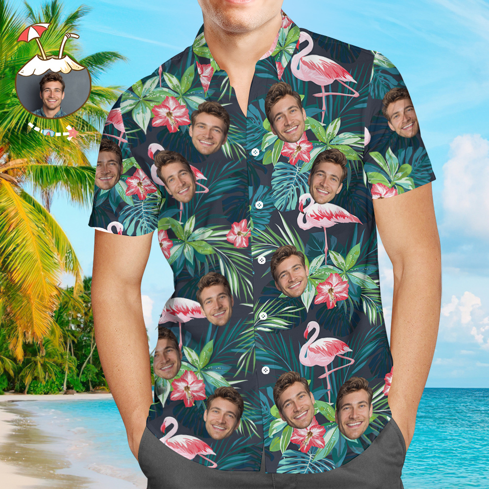 Custom Photo Hawaiian Shirt Parent-child Wears Personalised Face Hawaiian Shirt Gift Flamingo Flower