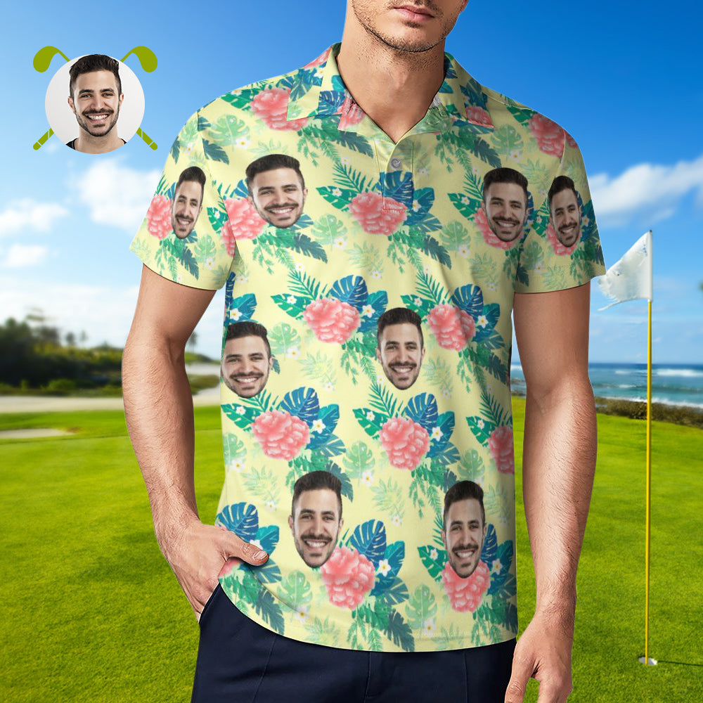 Custom Face Polo Shirt For Men Personalized Yellow Hawaiian Golf Shirts-MyHawaiianShirts