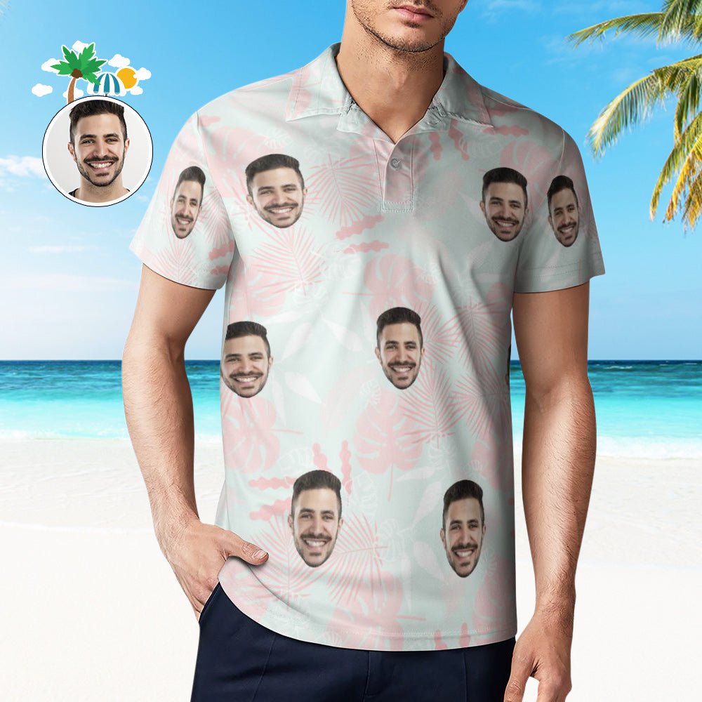 Men's Custom Face Polo Shirt Pink Leaves Personalized Hawaiian Golf Shirts