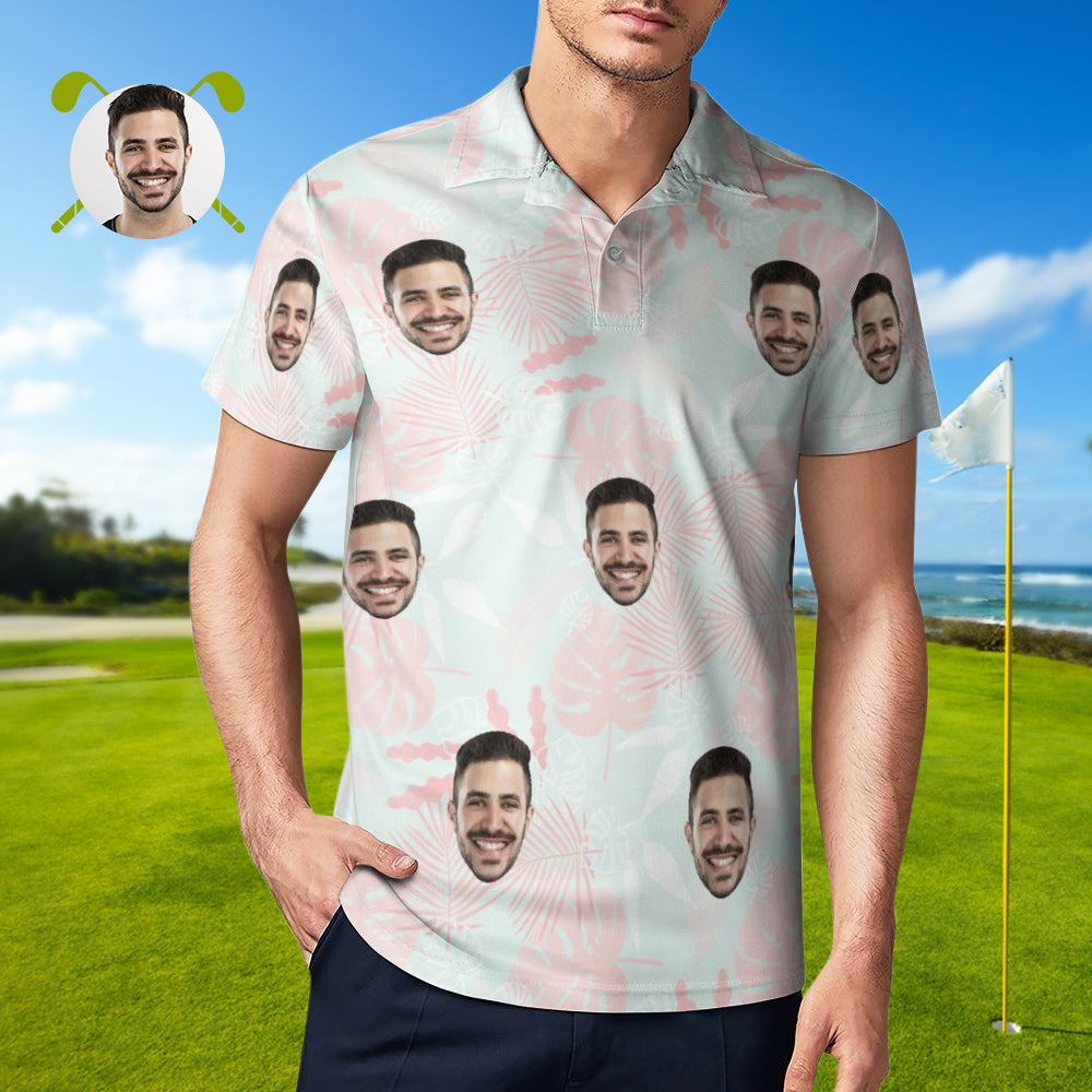 Men's Custom Face Polo Shirt Pink Leaves Personalized Hawaiian Golf Shirts-MyHawaiianShirts