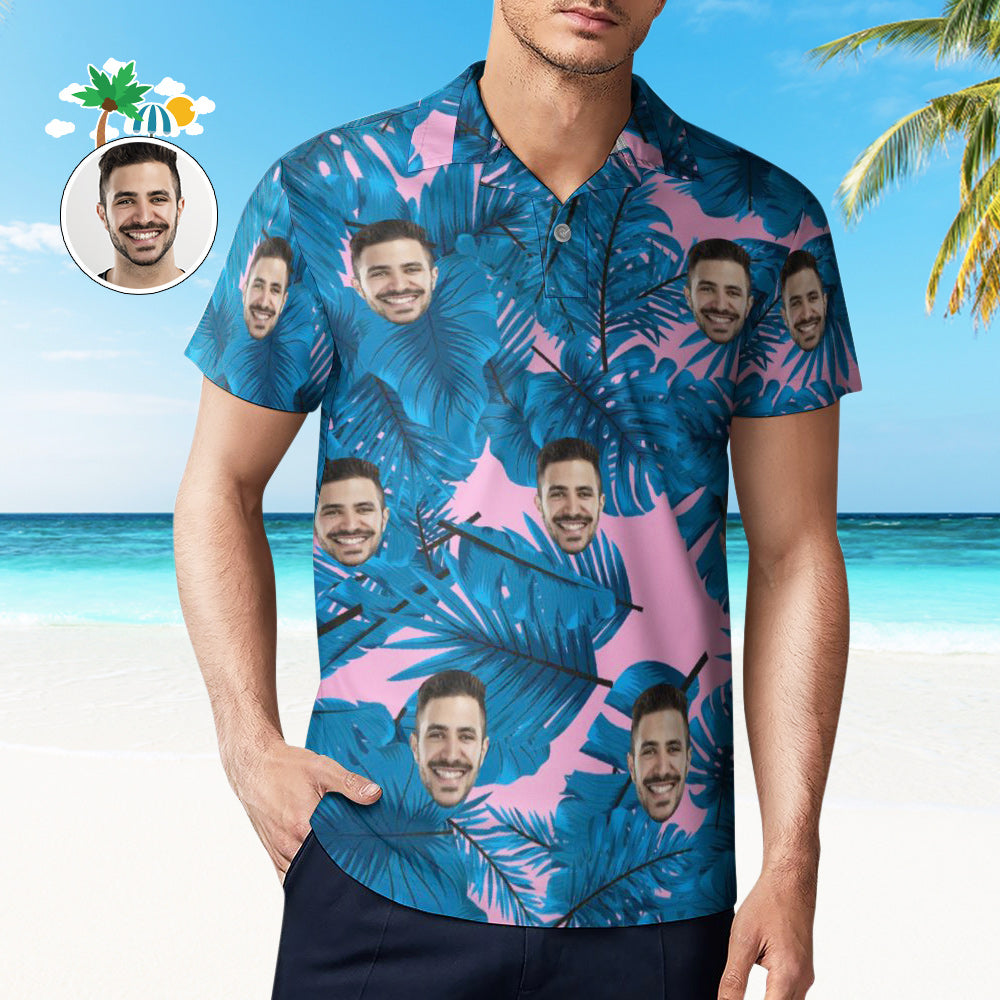Custom Face Polo Shirt For Men Personalized Blue Leaves Hawaiian Golf Shirts
