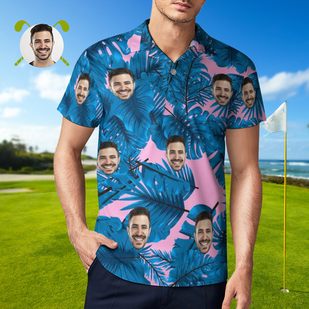 Custom Face Polo Shirt For Men Personalized Blue Leaves Hawaiian Golf Shirts