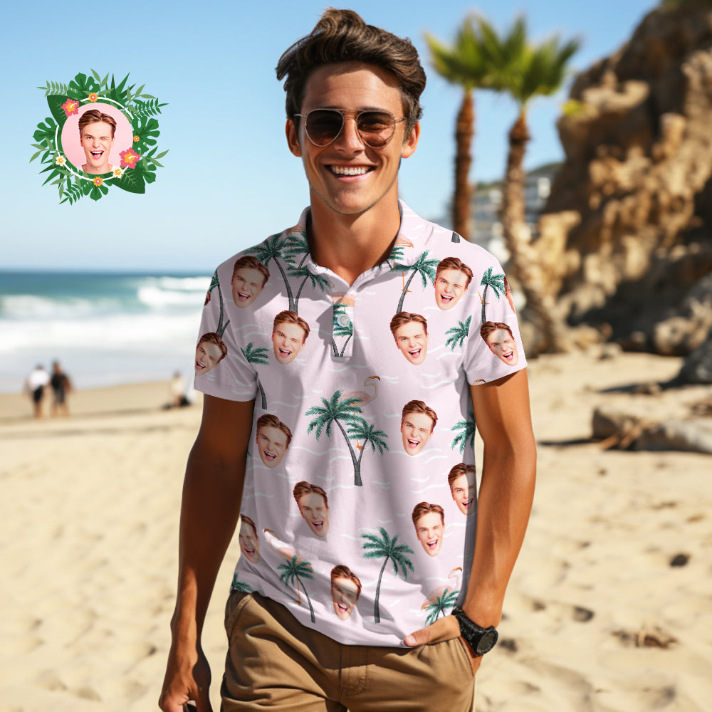 Men's Custom Face Polo Shirt Pink Flamingos Personalized Hawaiian Golf Shirts Gift for Him - MyHawaiianShirts