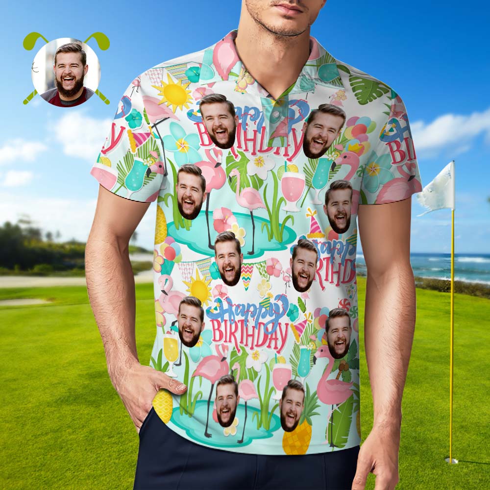 Custom Polo Shirt Hawaiian Golf Polo Shirts Happy Birthday Flamingo Party - MyHawaiianShirts