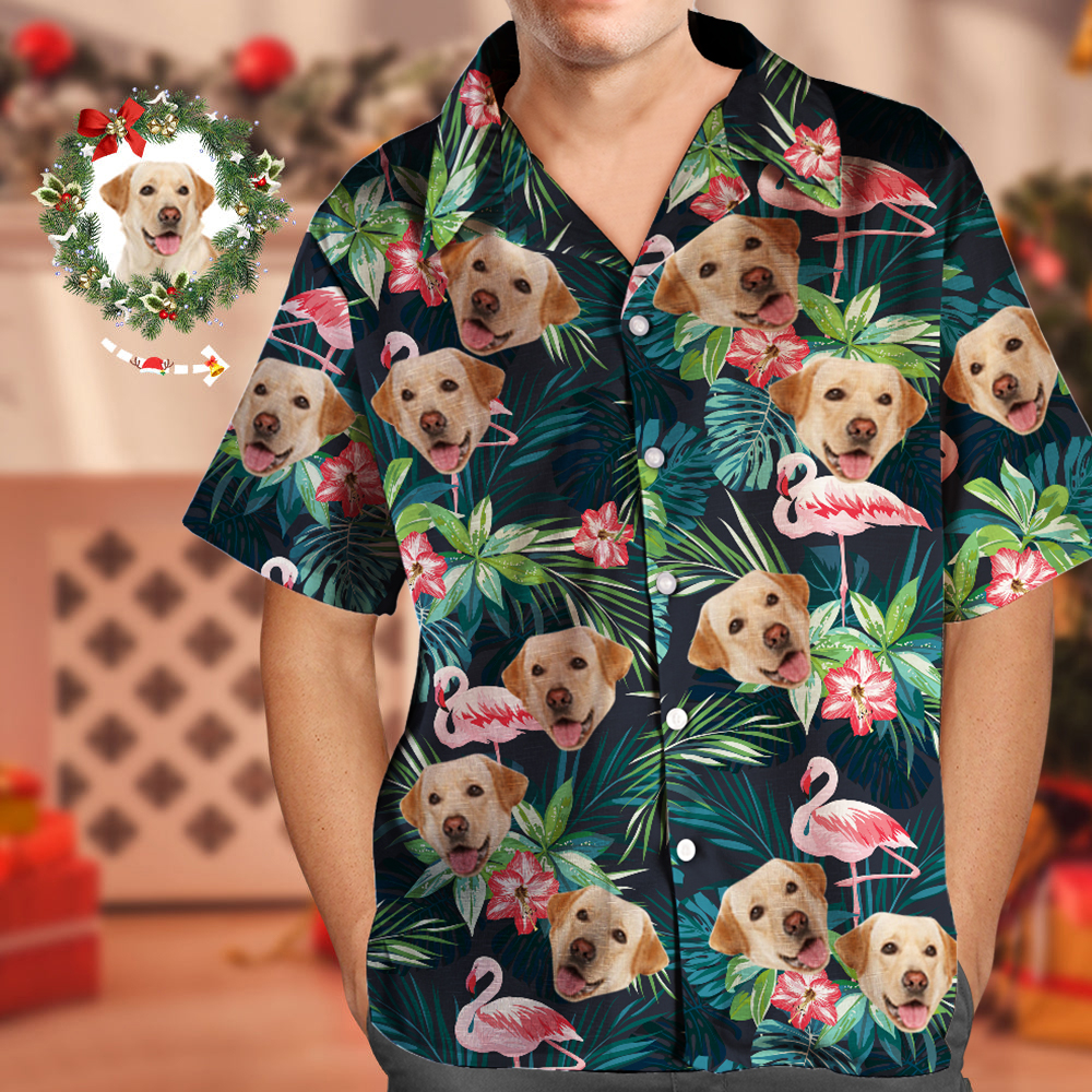 Christmas Gifts Custom Hawaiian Shirt with Face Custom Dog Face Shirt Leaves & Flamingo Button Down Shirts