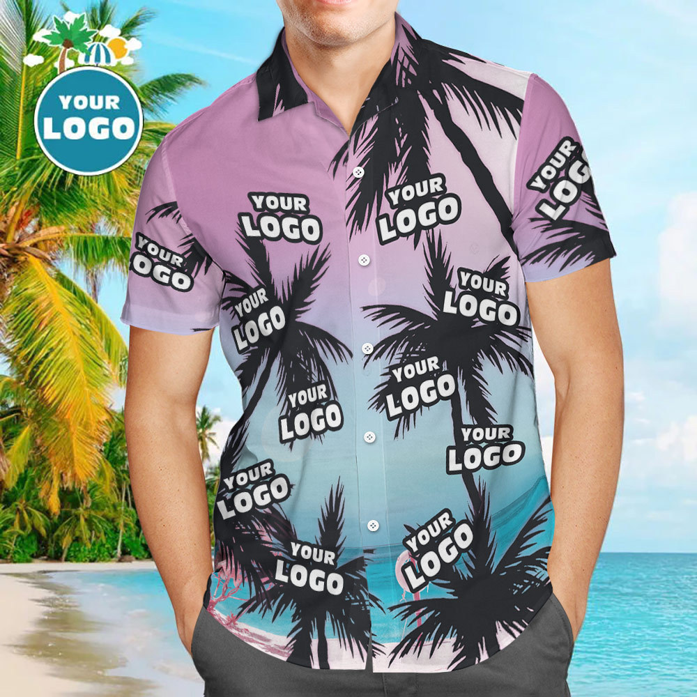 Custom Logo Hawaiian Shirts Sea and Coconut Tree Aloha Beach Shirt For Men