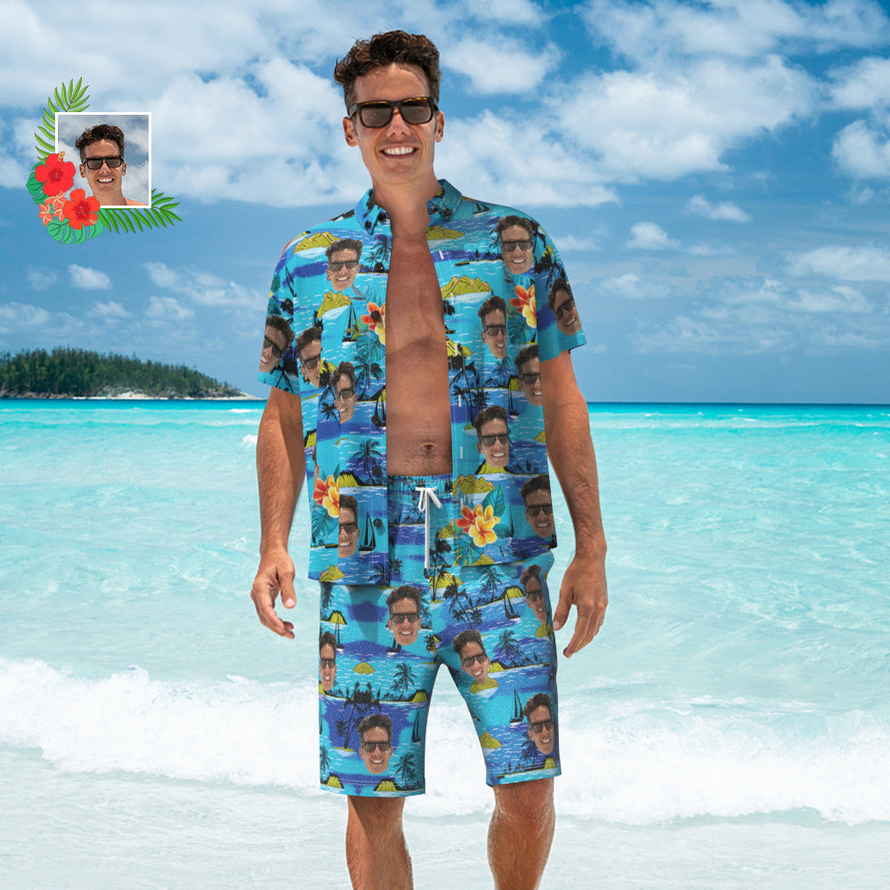 Vice City Custom Face Hawaiian Shirt And Beach Shorts Set Personalized Men's Photo Gang Style Set Vacation Party Gift