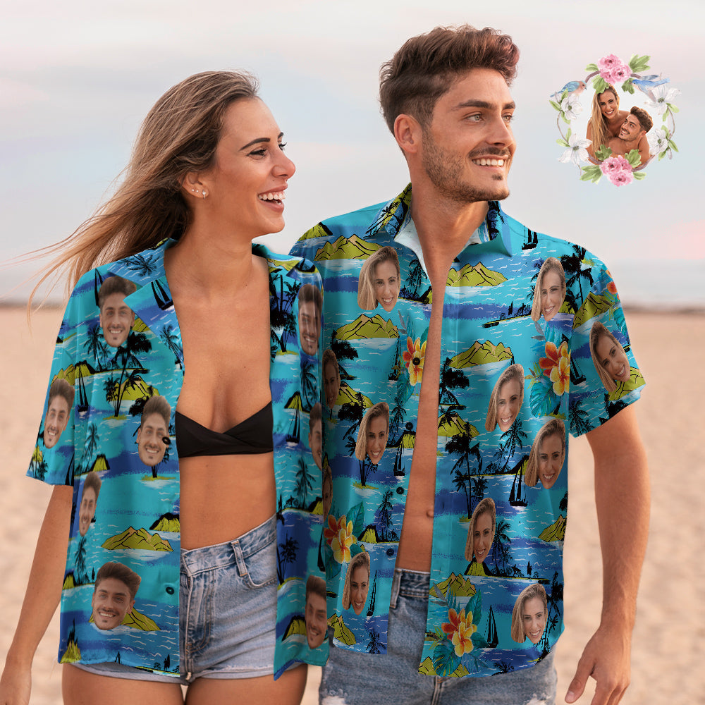Custom Face Couple Matching Hawaiian Shirts Mountains Valentine's Day Gift
