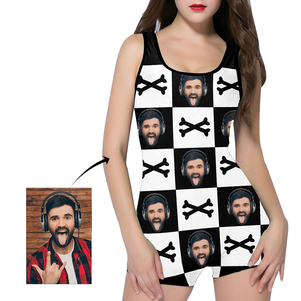 Custom Face Crossbones Black and White Women's One Piece Boyleg Swimsuit-MyHawaiianShirts