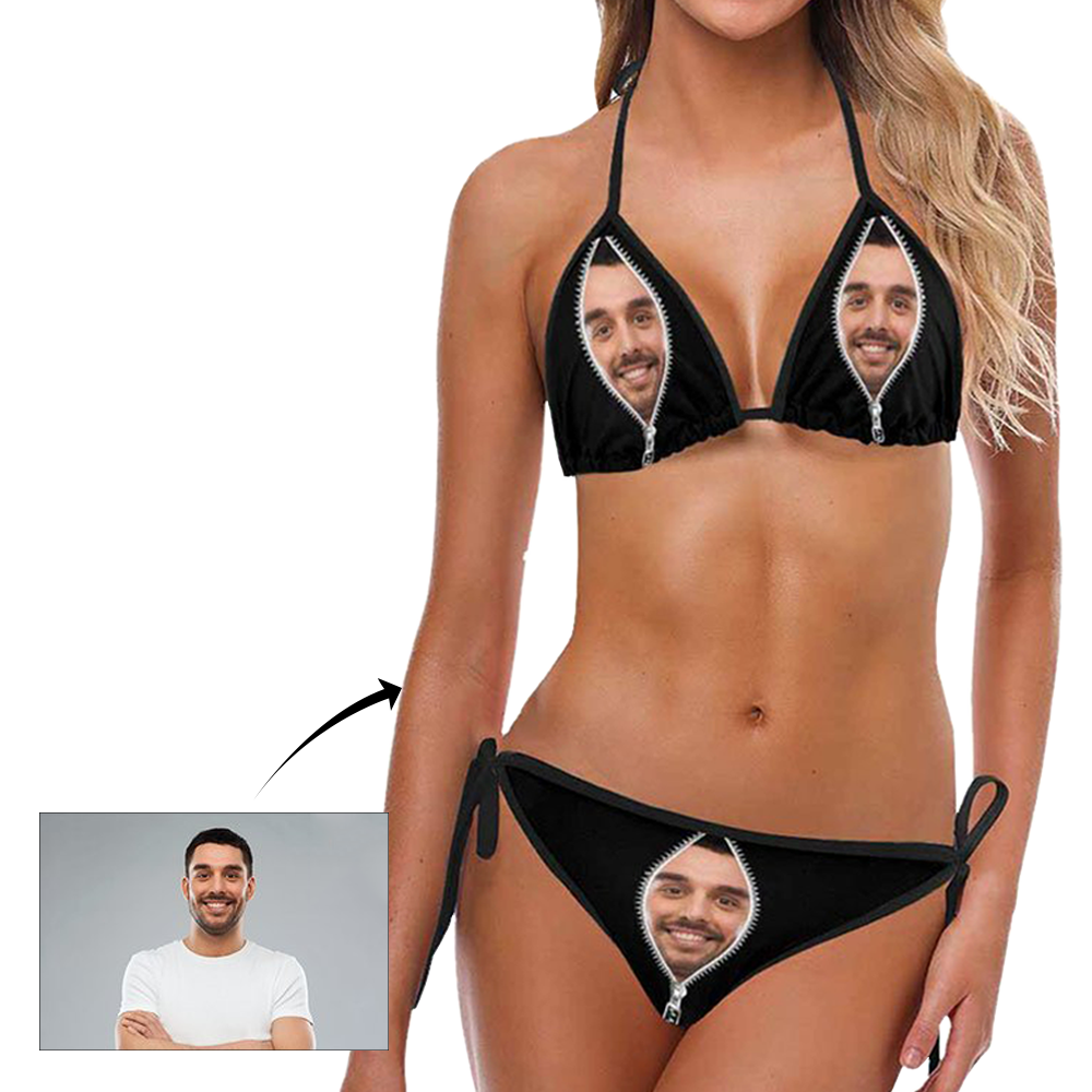 Custom Face Bikini Women's Sexy Photo Segmented Swimsuit - Zipper-MyHawaiianShirts