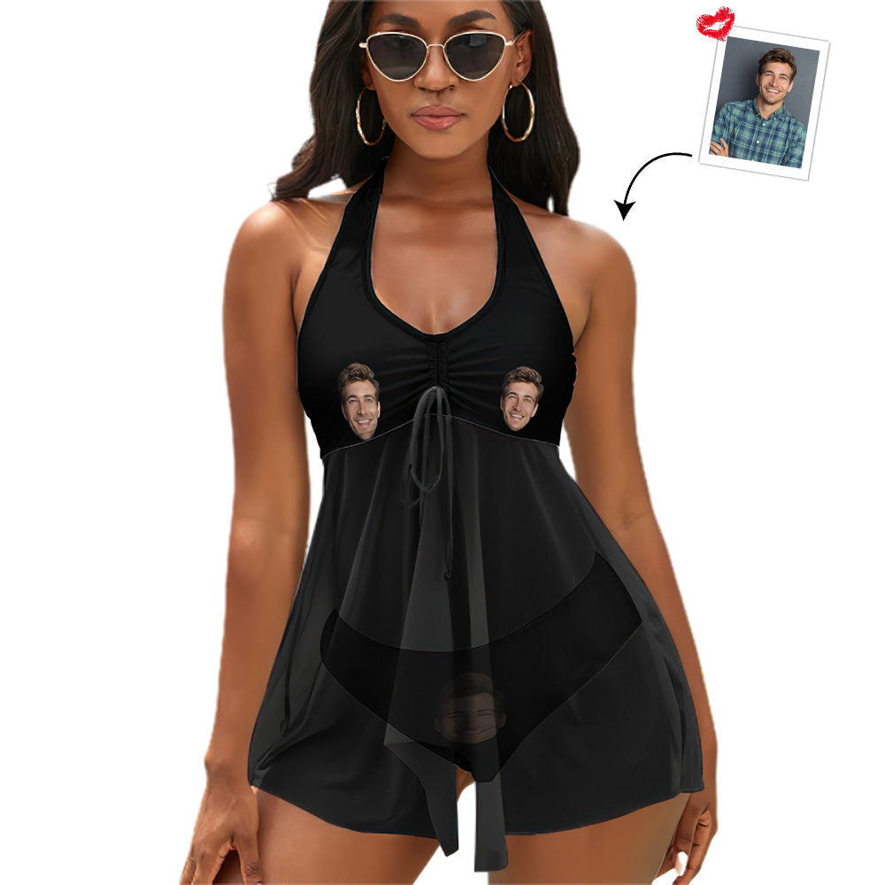 Custom Face Boyfriend Women's Strappy Neck Dress Swimsuit-MyHawaiianShirts