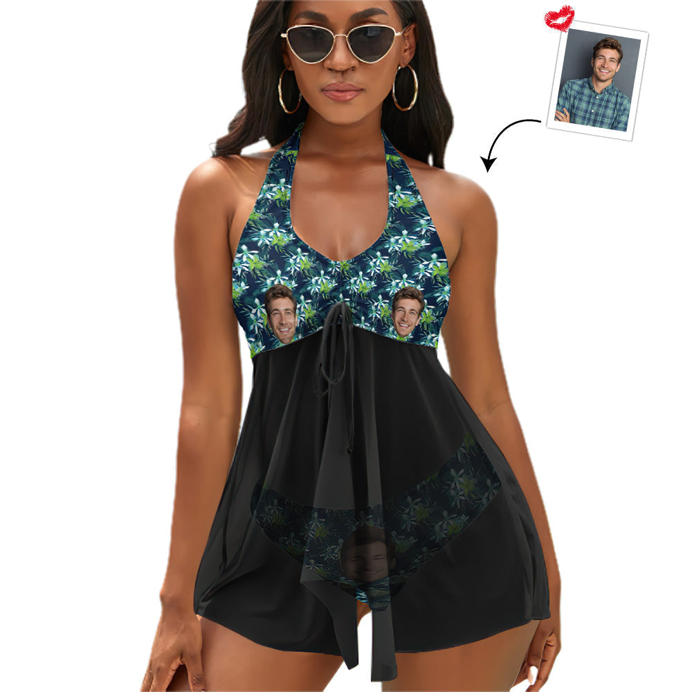 Custom Face Boyfriend Women's Strappy Neck Dress Swimsuit - Leaf-MyHawaiianShirts