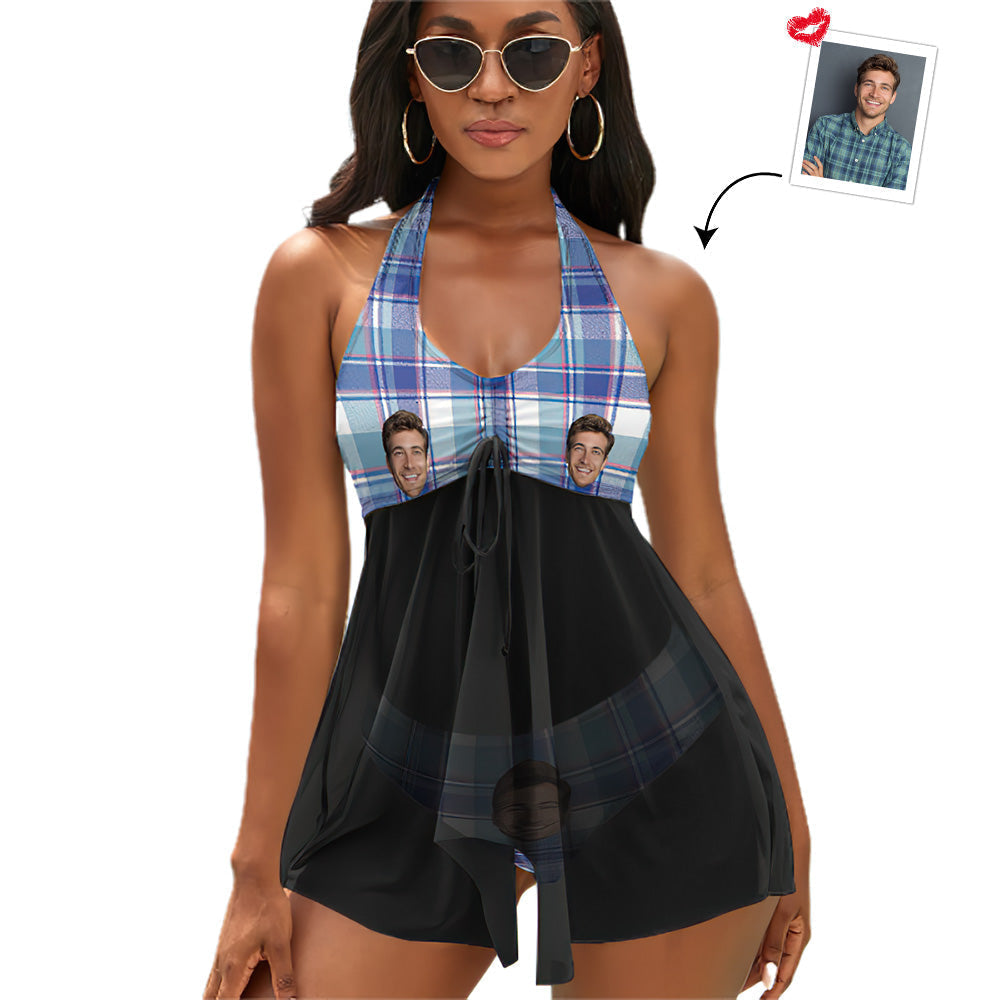 Custom Face Boyfriend Women's Strappy Neck Dress Swimsuit - Blue Grid-MyHawaiianShirts