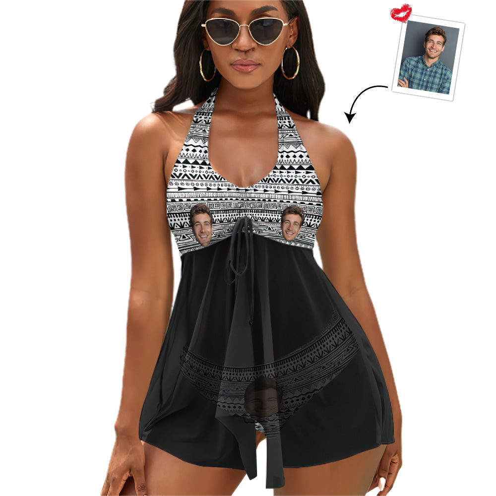 Custom Face Boyfriend Women's Strappy Neck Dress Swimsuit - Bohemia-MyHawaiianShirts