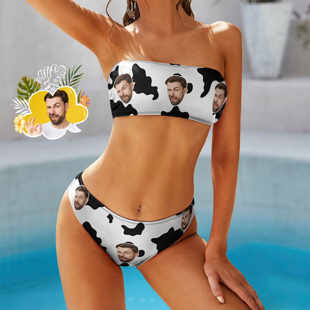 Custom Face Bikini swimming costume Bandeaukini Gift For Her - Cow Print Black and White-MyHawaiianShirts