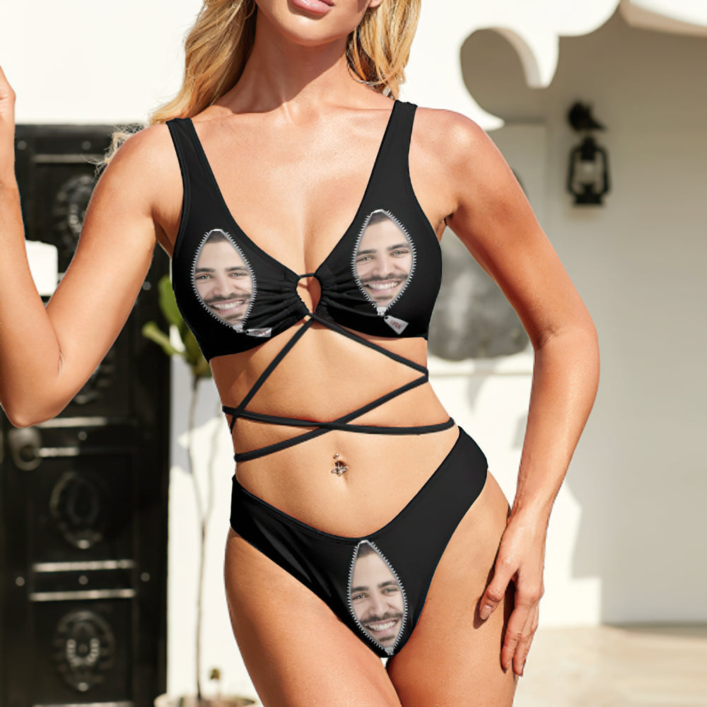 Custom Face Bikini Swimming Costume Women's Chest Strap Bathing Suit Personalized Photo Bikini Gift - Zipper-MyHawaiianShirts
