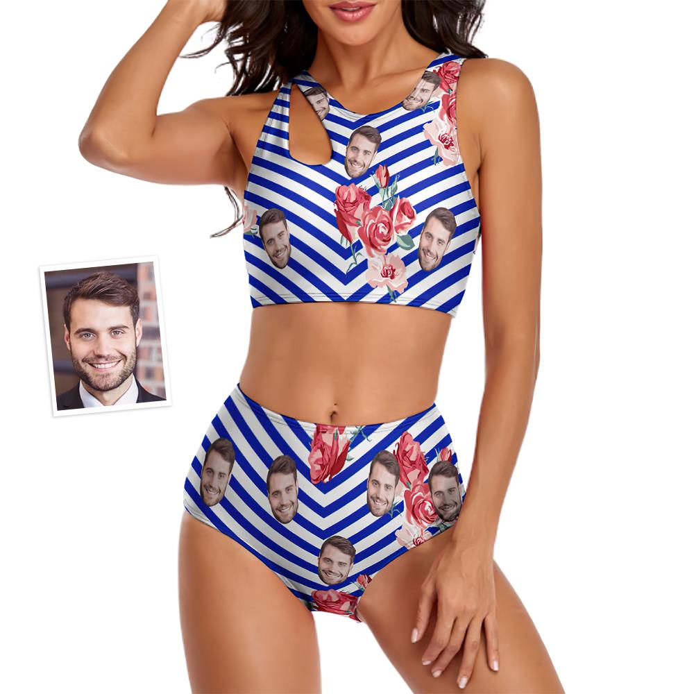 Custom Face Women's Stripe Two-piece Swimsuit Flowers-MyHawaiianShirts