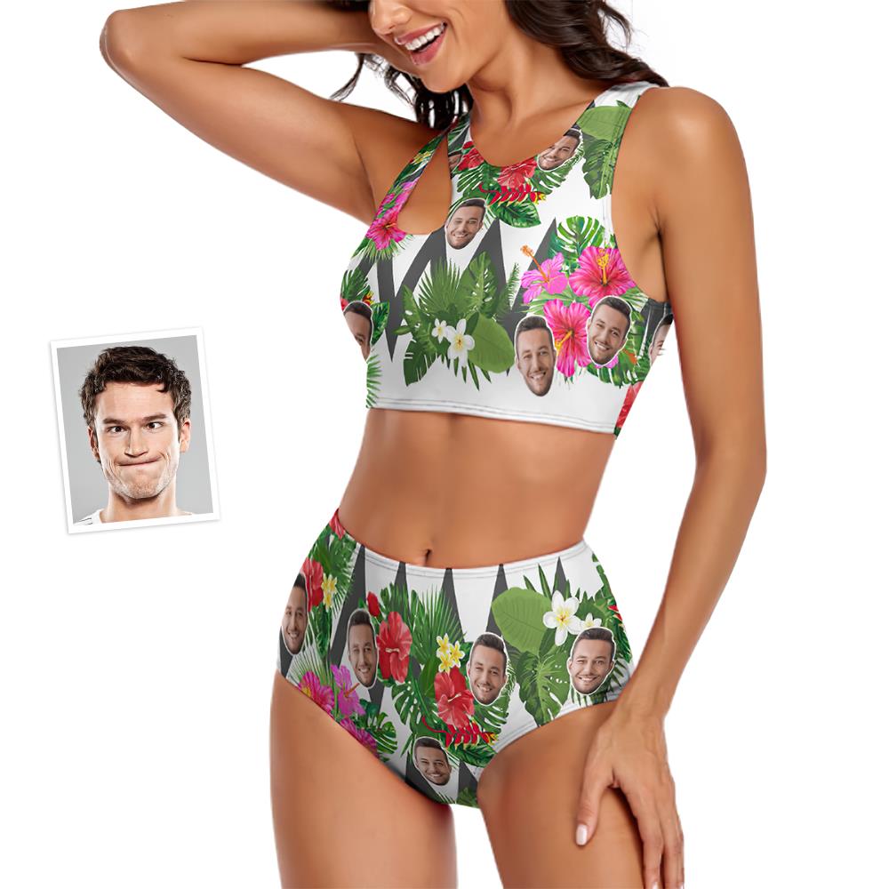 Custom Face Women's Flowers Ripple Two-piece Swimsuit-MyHawaiianShirts