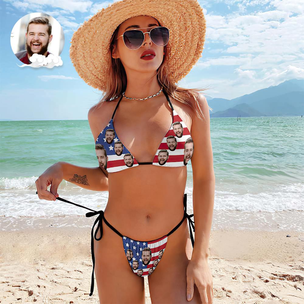 Custom Face Swimming Suit Sexy Strappy Bikini Star Flag-MyHawaiianShirts