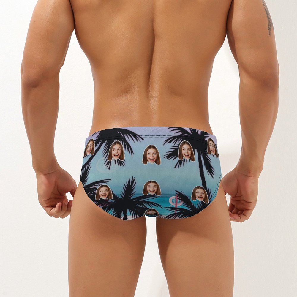 Custom Face Hawaiian Style Men's Swimming Trunks Personalized Palm Triangle Swim Briefs