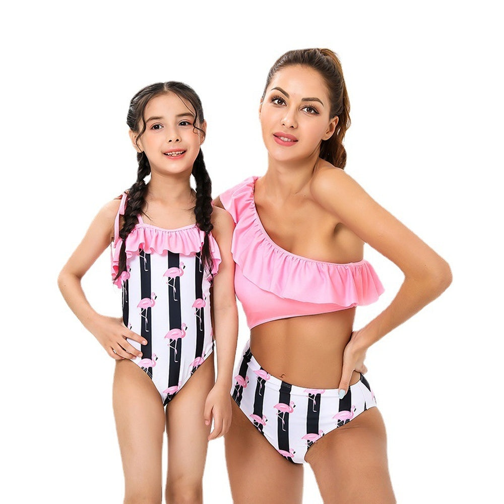 Flamingo Print Parent-Child Swimsuit Slanted Shoulder Ruffled One Piece Bikini-MyHawaiianShirts