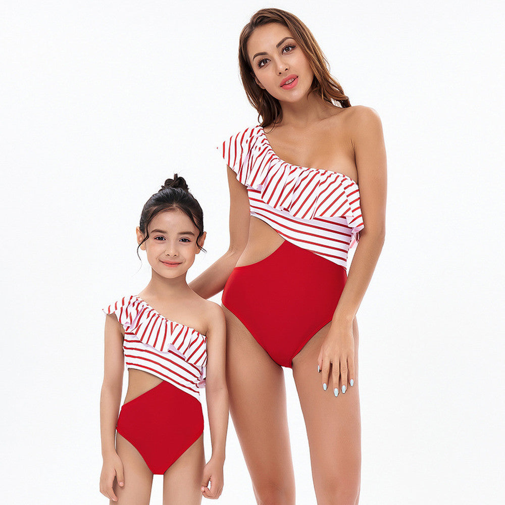 High Waist Bikini Ruffled Striped Parent-Child Swimsuit-MyHawaiianShirts