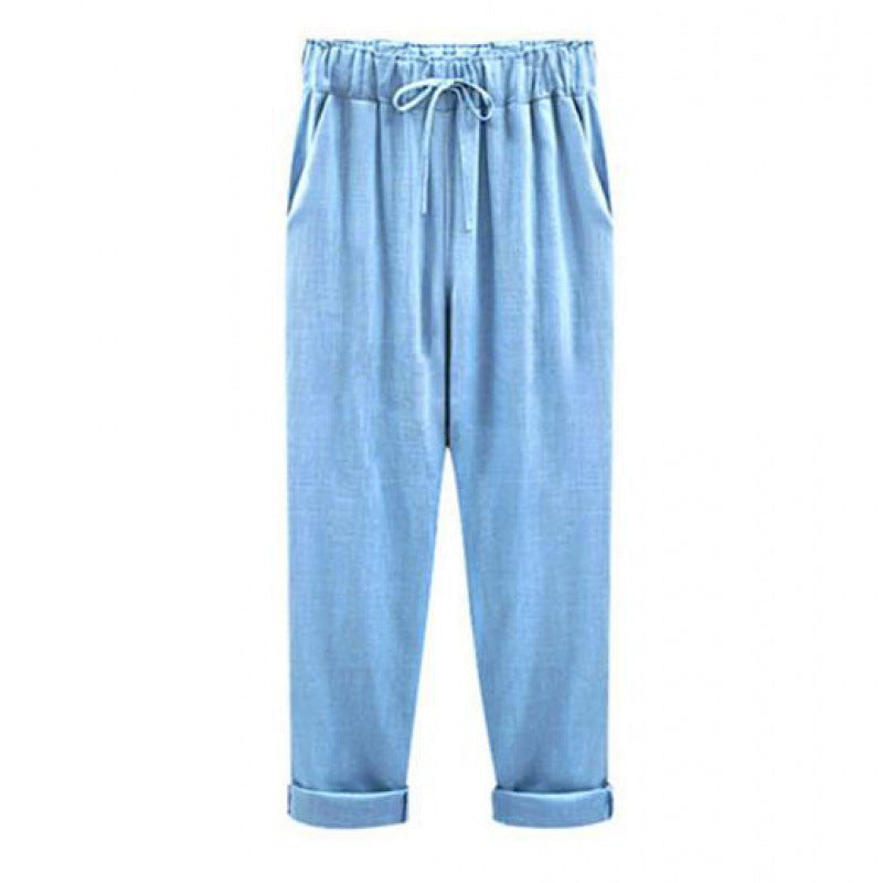 Women's Nine-point Linen Pants Casual Trousers Women's Linen Clothes Blue-MyHawaiianShirts