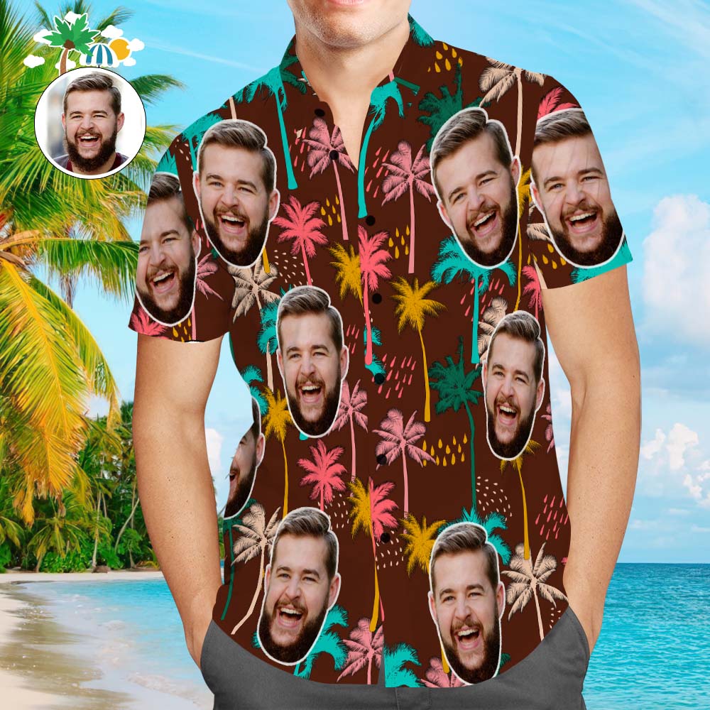 Custom Face Men's All Over Print Aloha Hawaiian Shirt Colorful Palm Trees - MyhawaiianshirtsUK