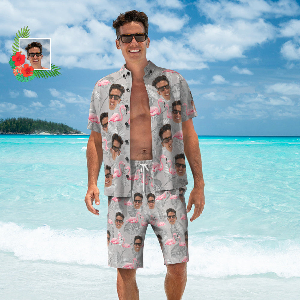 Custom Face Hawaiian Shirt And Beach Shorts Set Personalized Men's Photo Casual Resort Flamingo Print Set Vacation Party Gift - MyhawaiianshirtsUK