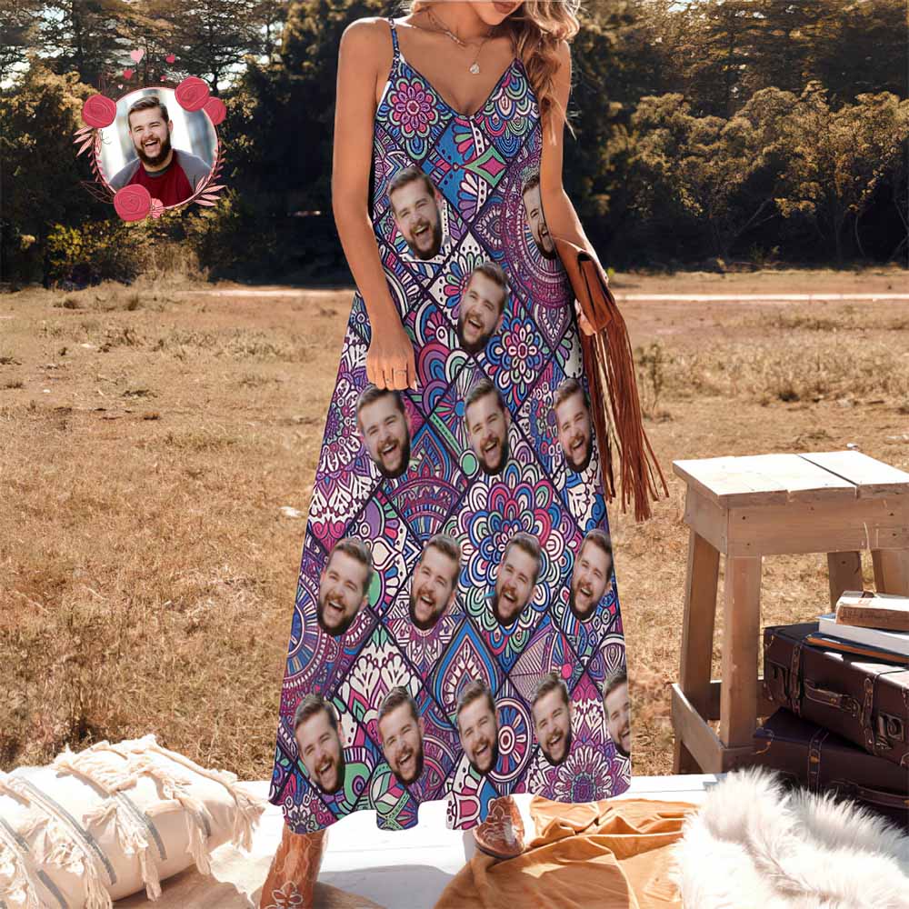 Custom Face Dress Boho Chic Flower Pattern Personalized Beach Dress - MyhawaiianshirtsUK