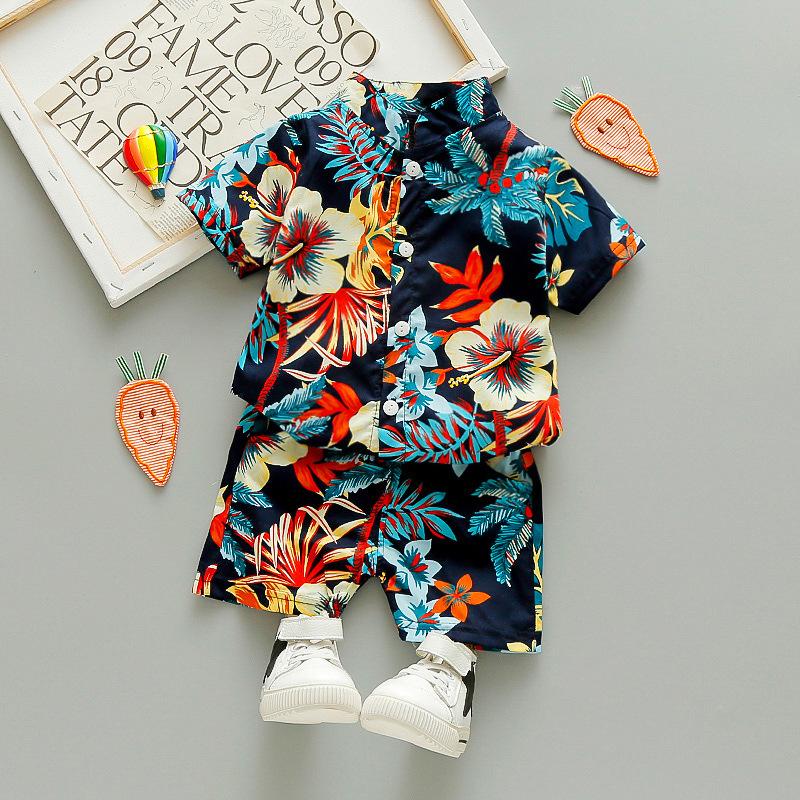 Hawaii Set Little Boy's Hawaiian Cabana Set Kids Aloha Beach Shirts Set - Colorful Leaves