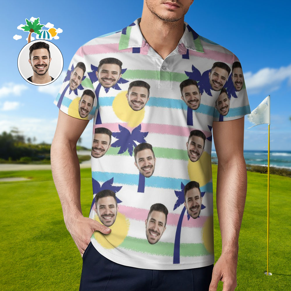 Custom Face Blue Palm Tree Polo Shirt For Men Personalized Hawaiian Golf Shirts - MyhawaiianshirtsUK