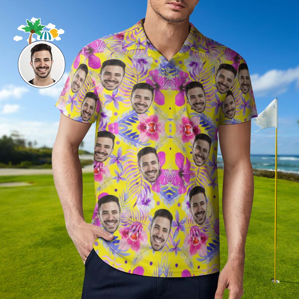 Custom Face Pink Hibiscus Polo Shirt For Men Personalized Hawaiian Golf Shirts - MyhawaiianshirtsUK