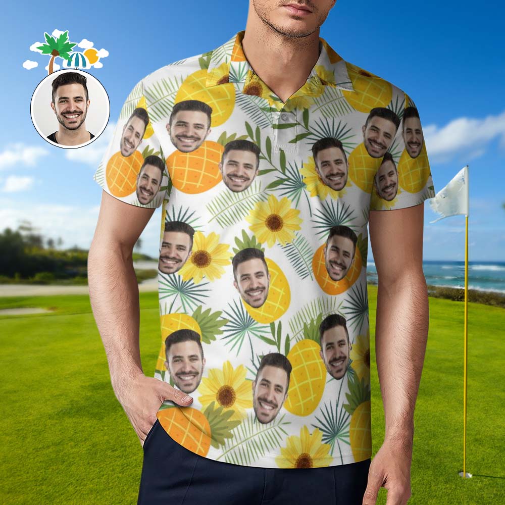 Custom Face Polo Shirt For Men Sunflower and Pineapple Personalized Hawaiian Golf Shirts - MyhawaiianshirtsUK