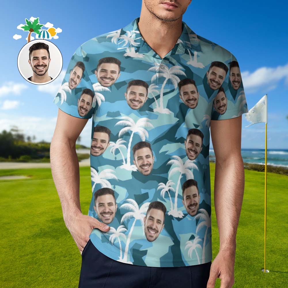 Custom Face White Coconut Tree Polo Shirt Men's Personalized Hawaiian Golf Shirts - MyhawaiianshirtsUK