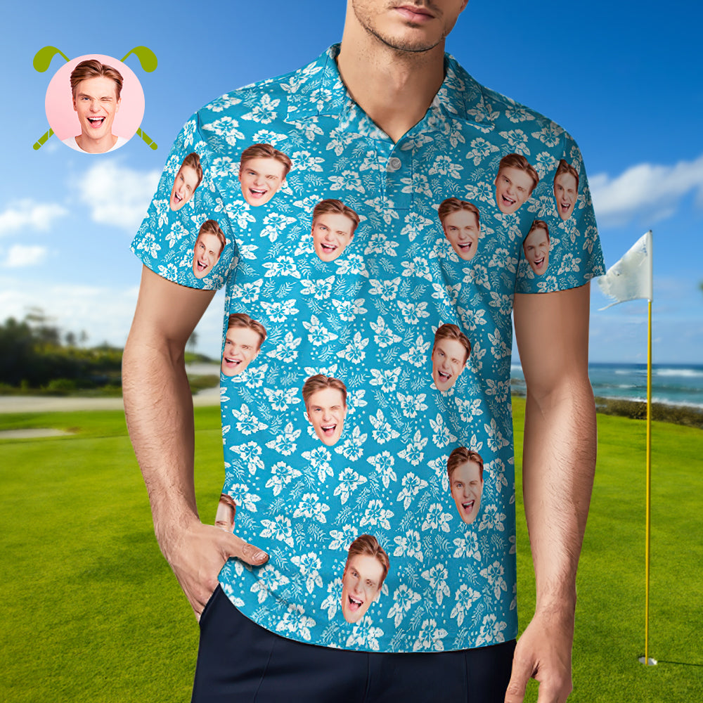 Men's Custom Face Polo Shirt Blue Crush Personalized Hawaiian Golf Shirts Gift for Him - MyhawaiianshirtsUK